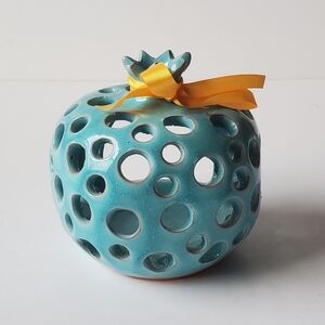 Signed Studio Pottery Pomegranate Tea Light Candle Holder Teal w/ Yellow Ribbon